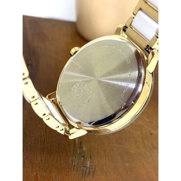 Movado Womens Watch 3601238 Bold White Dial Gold Swiss Quartz Ceramic Steel 34mm